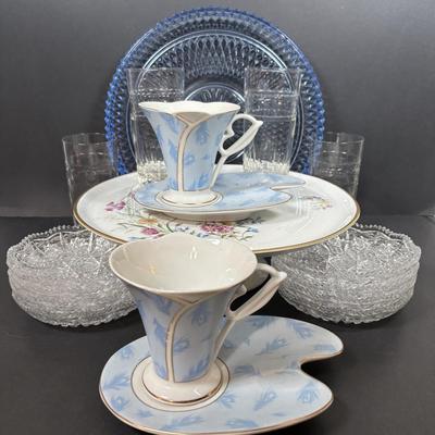 LOT 281: Vintage Imperial Italian Design Teacups w/Biscuit Saucers, Tharaud Limoges Pedestal Cake Plate, Ice Blue Diamond Point Torte...