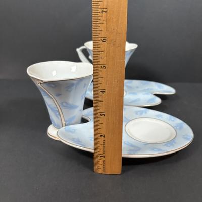LOT 281: Vintage Imperial Italian Design Teacups w/Biscuit Saucers, Tharaud Limoges Pedestal Cake Plate, Ice Blue Diamond Point Torte...