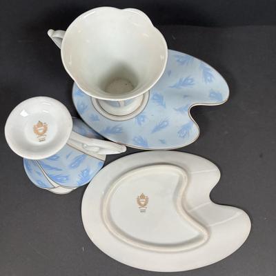 LOT 281: Vintage Imperial Italian Design Teacups w/Biscuit Saucers, Tharaud Limoges Pedestal Cake Plate, Ice Blue Diamond Point Torte...