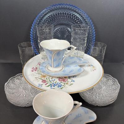 LOT 281: Vintage Imperial Italian Design Teacups w/Biscuit Saucers, Tharaud Limoges Pedestal Cake Plate, Ice Blue Diamond Point Torte...