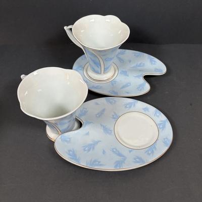 LOT 281: Vintage Imperial Italian Design Teacups w/Biscuit Saucers, Tharaud Limoges Pedestal Cake Plate, Ice Blue Diamond Point Torte...
