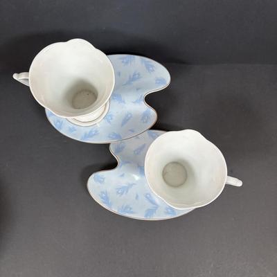 LOT 281: Vintage Imperial Italian Design Teacups w/Biscuit Saucers, Tharaud Limoges Pedestal Cake Plate, Ice Blue Diamond Point Torte...