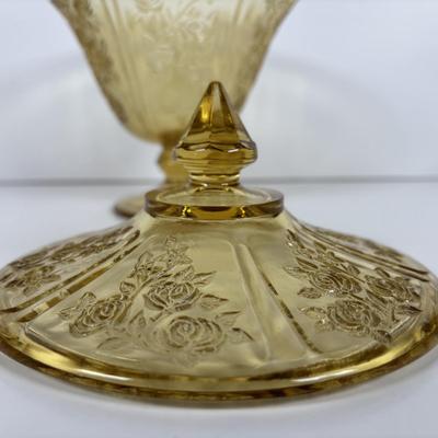 LOT 284: Amber Depression Glass Collection: Uranium Glass Wine Glass, Covered Candy Bowl, Sugar/Creamers, Console Bowl