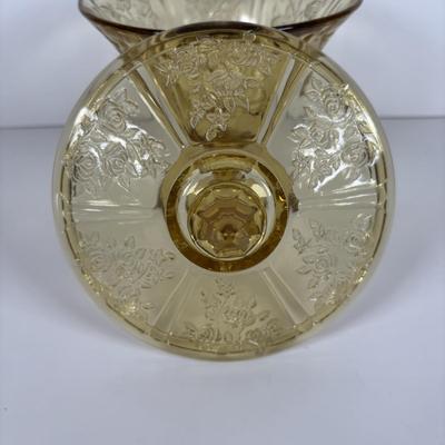 LOT 284: Amber Depression Glass Collection: Uranium Glass Wine Glass, Covered Candy Bowl, Sugar/Creamers, Console Bowl