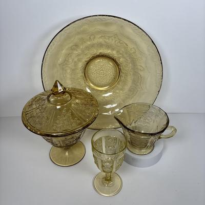 LOT 284: Amber Depression Glass Collection: Uranium Glass Wine Glass, Covered Candy Bowl, Sugar/Creamers, Console Bowl