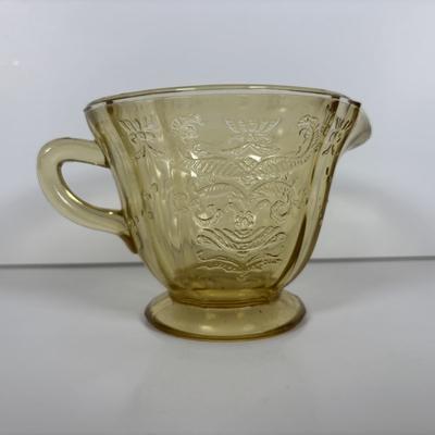 LOT 284: Amber Depression Glass Collection: Uranium Glass Wine Glass, Covered Candy Bowl, Sugar/Creamers, Console Bowl