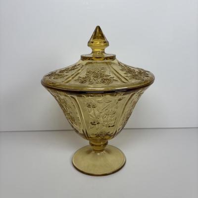 LOT 284: Amber Depression Glass Collection: Uranium Glass Wine Glass, Covered Candy Bowl, Sugar/Creamers, Console Bowl