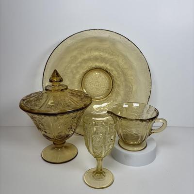 LOT 284: Amber Depression Glass Collection: Uranium Glass Wine Glass, Covered Candy Bowl, Sugar/Creamers, Console Bowl