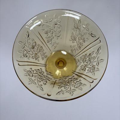 LOT 284: Amber Depression Glass Collection: Uranium Glass Wine Glass, Covered Candy Bowl, Sugar/Creamers, Console Bowl