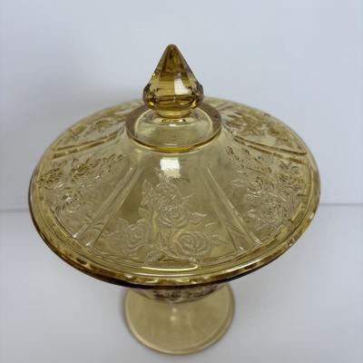 LOT 284: Amber Depression Glass Collection: Uranium Glass Wine Glass, Covered Candy Bowl, Sugar/Creamers, Console Bowl