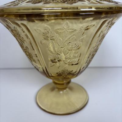 LOT 284: Amber Depression Glass Collection: Uranium Glass Wine Glass, Covered Candy Bowl, Sugar/Creamers, Console Bowl