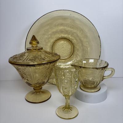 LOT 284: Amber Depression Glass Collection: Uranium Glass Wine Glass, Covered Candy Bowl, Sugar/Creamers, Console Bowl