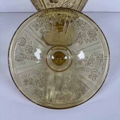 LOT 284: Amber Depression Glass Collection: Uranium Glass Wine Glass, Covered Candy Bowl, Sugar/Creamers, Console Bowl