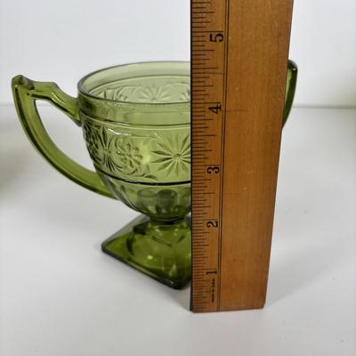 LOT 285: Vintage Colonial Green Hobnail Trumpet Vase and Avocado Green Glassware