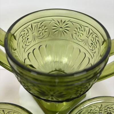LOT 285: Vintage Colonial Green Hobnail Trumpet Vase and Avocado Green Glassware