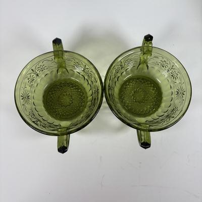 LOT 285: Vintage Colonial Green Hobnail Trumpet Vase and Avocado Green Glassware