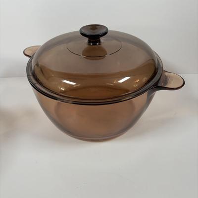 LOT 287: Pyrex Vision Cookware, Pyrex Amethyst Bowl & Baking Dish along with an Anchor Hocking Baking Dish