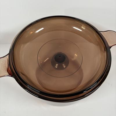 LOT 287: Pyrex Vision Cookware, Pyrex Amethyst Bowl & Baking Dish along with an Anchor Hocking Baking Dish