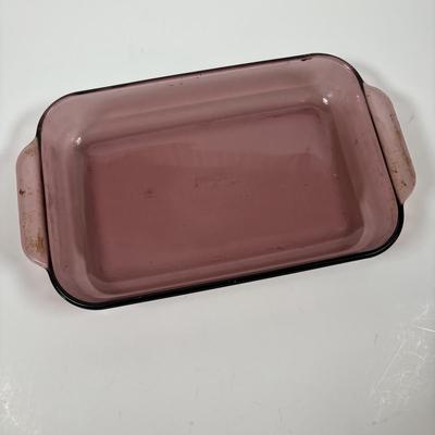 LOT 287: Pyrex Vision Cookware, Pyrex Amethyst Bowl & Baking Dish along with an Anchor Hocking Baking Dish