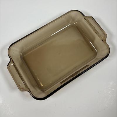 LOT 287: Pyrex Vision Cookware, Pyrex Amethyst Bowl & Baking Dish along with an Anchor Hocking Baking Dish