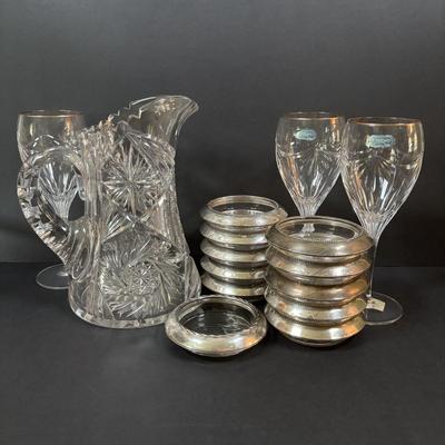 LOT 289: Sterling Silver & Crystal Coasters (11) JG Durand Glasses (3), Beautiful Cut Glass Pitcher