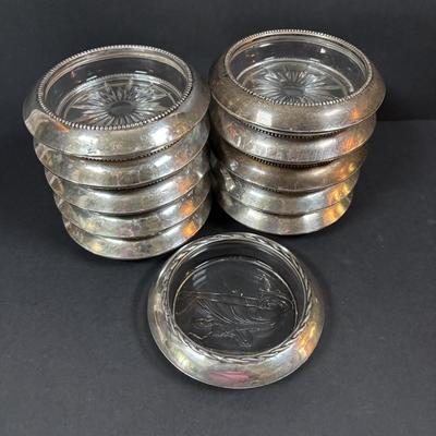 LOT 289: Sterling Silver & Crystal Coasters (11) JG Durand Glasses (3), Beautiful Cut Glass Pitcher