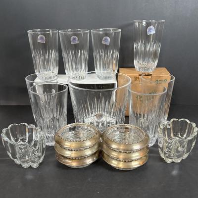 LOT 290: MCM Amston Sterling Silver & Crystal Coasters (6) along with Princess House Ice Bucket, Glasses, Flatware Holders