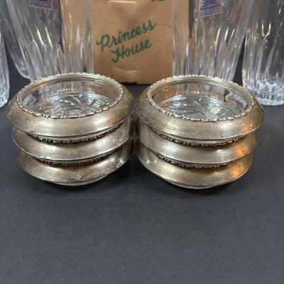 LOT 290: MCM Amston Sterling Silver & Crystal Coasters (6) along with Princess House Ice Bucket, Glasses, Flatware Holders