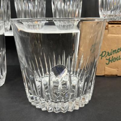 LOT 290: MCM Amston Sterling Silver & Crystal Coasters (6) along with Princess House Ice Bucket, Glasses, Flatware Holders