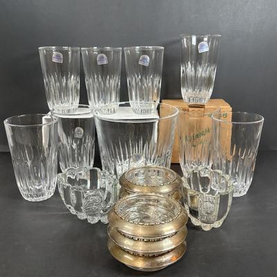 LOT 290: MCM Amston Sterling Silver & Crystal Coasters (6) along with Princess House Ice Bucket, Glasses, Flatware Holders