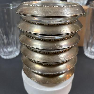 LOT 290: MCM Amston Sterling Silver & Crystal Coasters (6) along with Princess House Ice Bucket, Glasses, Flatware Holders