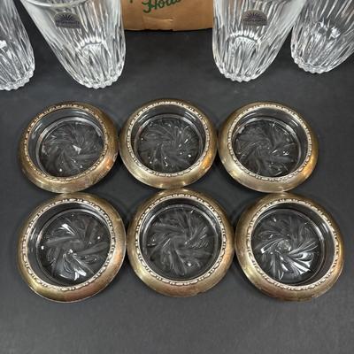 LOT 290: MCM Amston Sterling Silver & Crystal Coasters (6) along with Princess House Ice Bucket, Glasses, Flatware Holders