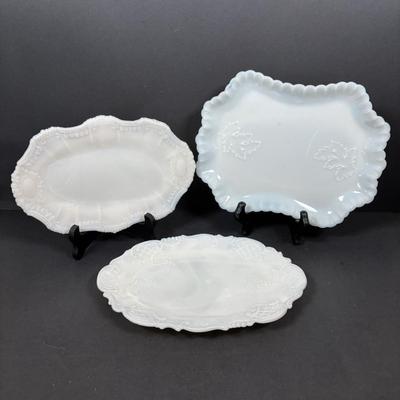 LOT 292: Vintage Vanity Jar w/Monogrammed Sterling Silver Lid, Crystal Perfume Bottle, Porcelain Hair Receiver, Milk Glass Trays &...