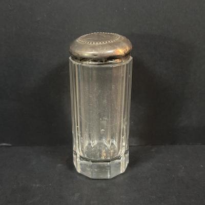 LOT 292: Vintage Vanity Jar w/Monogrammed Sterling Silver Lid, Crystal Perfume Bottle, Porcelain Hair Receiver, Milk Glass Trays &...