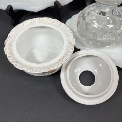 LOT 292: Vintage Vanity Jar w/Monogrammed Sterling Silver Lid, Crystal Perfume Bottle, Porcelain Hair Receiver, Milk Glass Trays &...