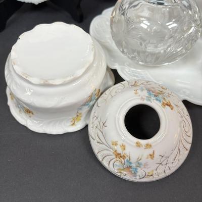 LOT 292: Vintage Vanity Jar w/Monogrammed Sterling Silver Lid, Crystal Perfume Bottle, Porcelain Hair Receiver, Milk Glass Trays &...