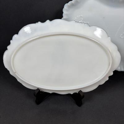 LOT 292: Vintage Vanity Jar w/Monogrammed Sterling Silver Lid, Crystal Perfume Bottle, Porcelain Hair Receiver, Milk Glass Trays &...