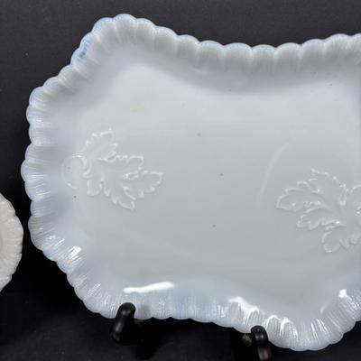 LOT 292: Vintage Vanity Jar w/Monogrammed Sterling Silver Lid, Crystal Perfume Bottle, Porcelain Hair Receiver, Milk Glass Trays &...