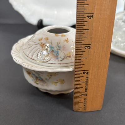 LOT 292: Vintage Vanity Jar w/Monogrammed Sterling Silver Lid, Crystal Perfume Bottle, Porcelain Hair Receiver, Milk Glass Trays &...