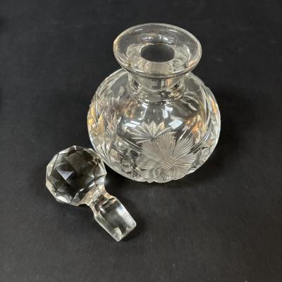 LOT 292: Vintage Vanity Jar w/Monogrammed Sterling Silver Lid, Crystal Perfume Bottle, Porcelain Hair Receiver, Milk Glass Trays &...