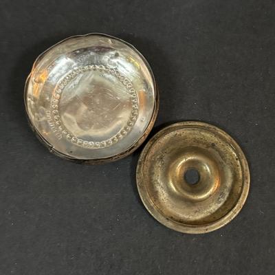 LOT 292: Vintage Vanity Jar w/Monogrammed Sterling Silver Lid, Crystal Perfume Bottle, Porcelain Hair Receiver, Milk Glass Trays &...
