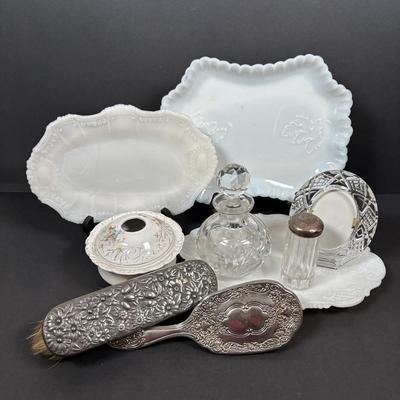LOT 292: Vintage Vanity Jar w/Monogrammed Sterling Silver Lid, Crystal Perfume Bottle, Porcelain Hair Receiver, Milk Glass Trays &...