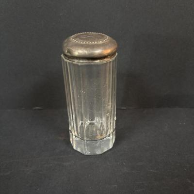 LOT 292: Vintage Vanity Jar w/Monogrammed Sterling Silver Lid, Crystal Perfume Bottle, Porcelain Hair Receiver, Milk Glass Trays &...