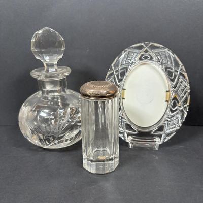 LOT 292: Vintage Vanity Jar w/Monogrammed Sterling Silver Lid, Crystal Perfume Bottle, Porcelain Hair Receiver, Milk Glass Trays &...