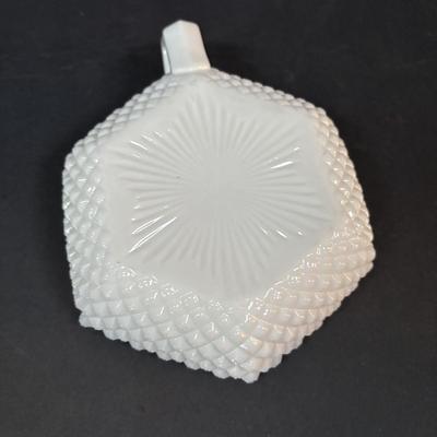 LOT 293: Vintage Hobnail Milk Glass & Westmoreland English Hobnail Hexagon Bowl w/Handle