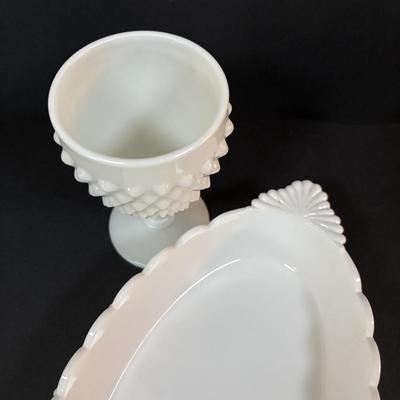 LOT 293: Vintage Hobnail Milk Glass & Westmoreland English Hobnail Hexagon Bowl w/Handle