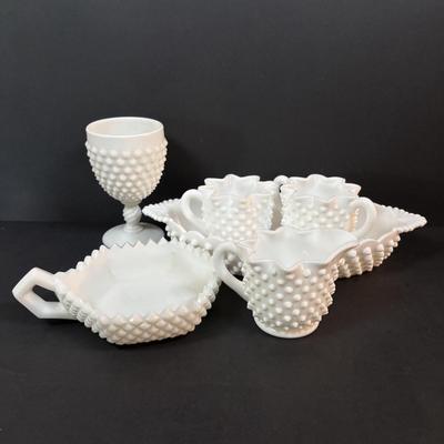 LOT 293: Vintage Hobnail Milk Glass & Westmoreland English Hobnail Hexagon Bowl w/Handle
