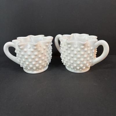 LOT 293: Vintage Hobnail Milk Glass & Westmoreland English Hobnail Hexagon Bowl w/Handle