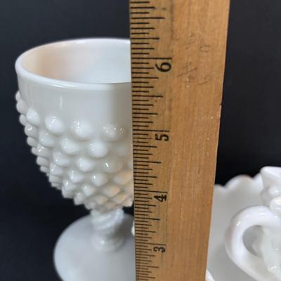 LOT 293: Vintage Hobnail Milk Glass & Westmoreland English Hobnail Hexagon Bowl w/Handle