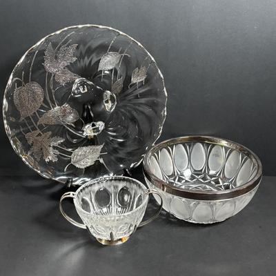 LOT 294: Vintage Sugar Bowls w/Sterling Silver Lids (3), Footed Cake Plate w/Silver Overlay Autumn Leaves, FB Rodgers Candle Holders...